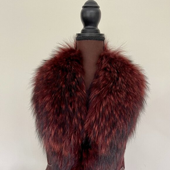NWOT Burgundy Leather Vest Real Fox Fur XS size - Picture 1 of 16